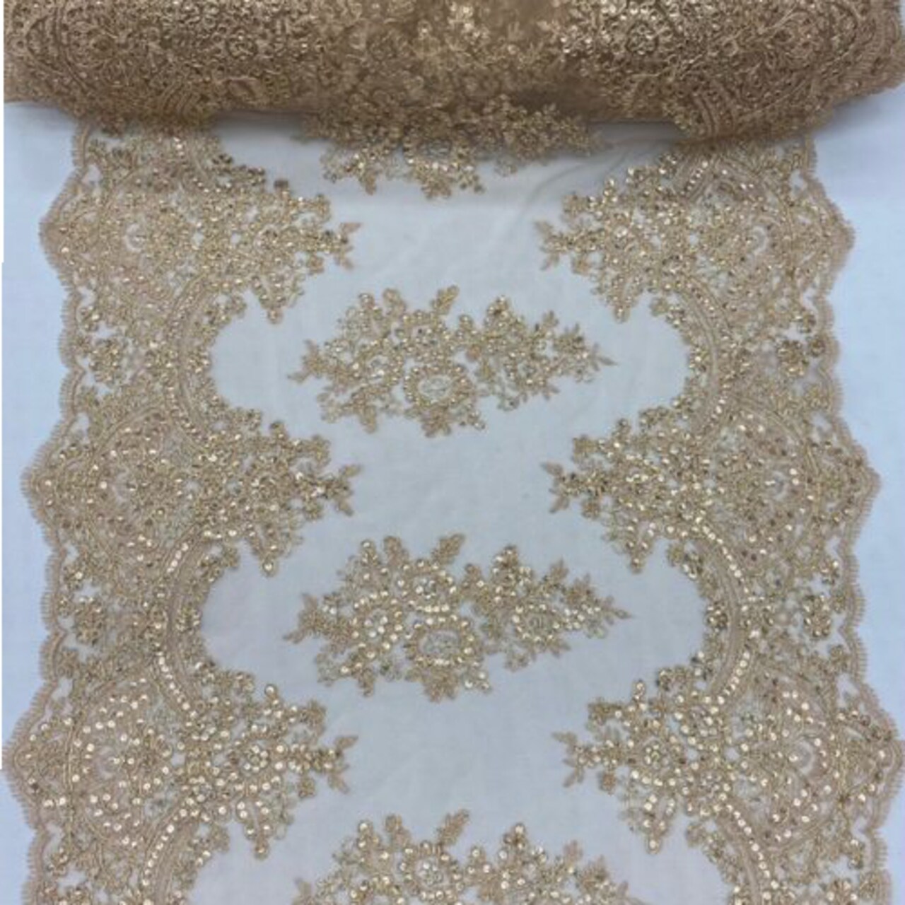 1 Yard Champagne Sequin Lace Fabric 51″ Wide 100% Polyester Embroidered Mesh for Evening Gowns & Decor